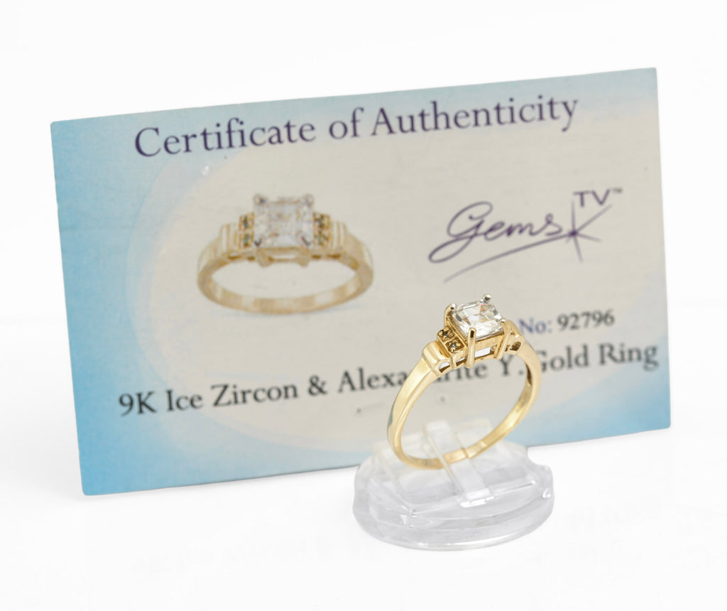 9ct Gold Ring With Natural White Ice Zircon & Alexandrite Gems UK Size U (C2906)