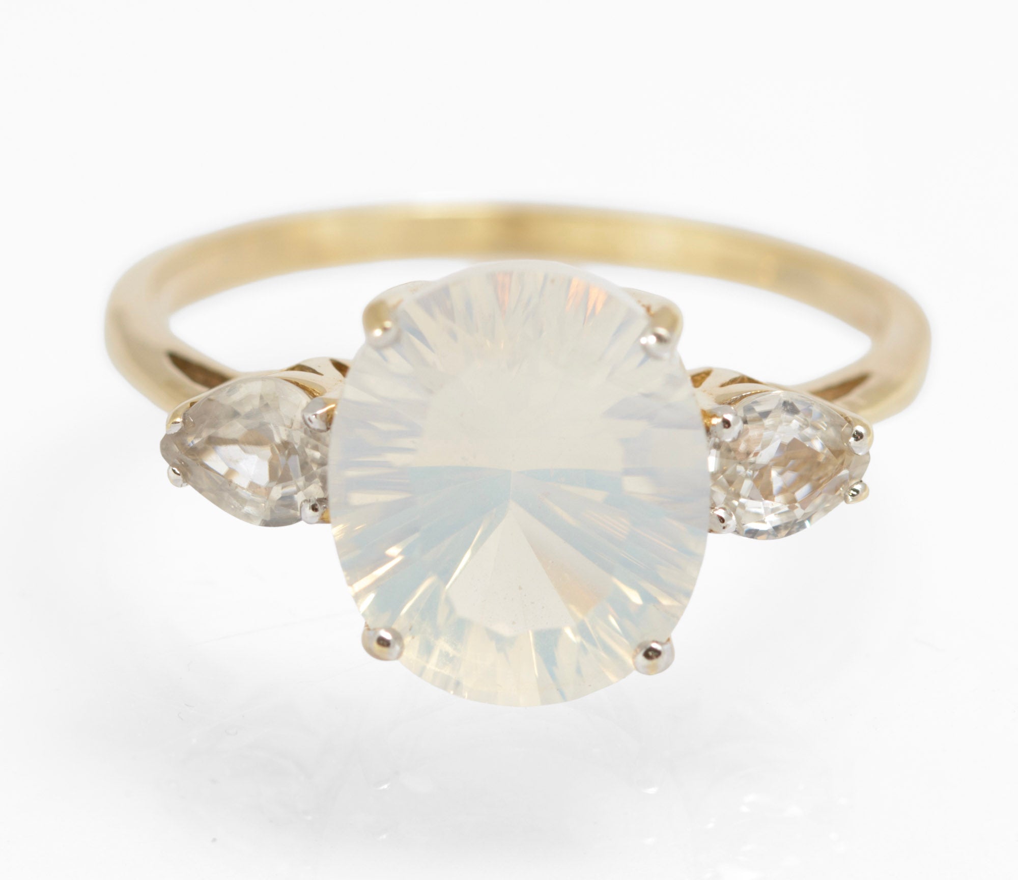 9ct Gold & Natural Blue Moon Quartz & Ice Zircon Women's Dress Ring Size V (C2907)