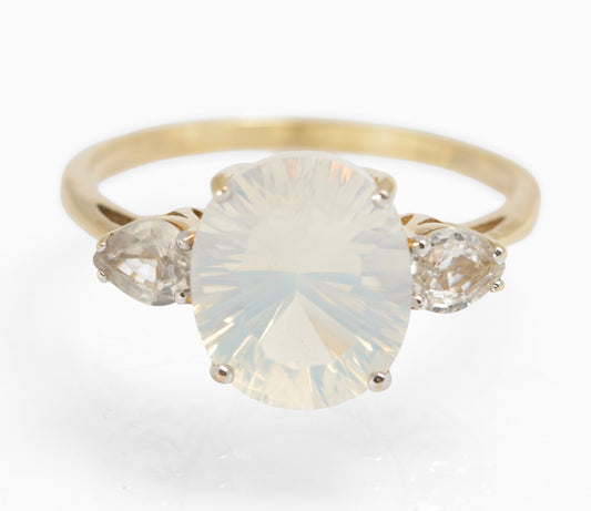 9ct Gold & Natural Blue Moon Quartz & Ice Zircon Women's Dress Ring Size V (C2907)