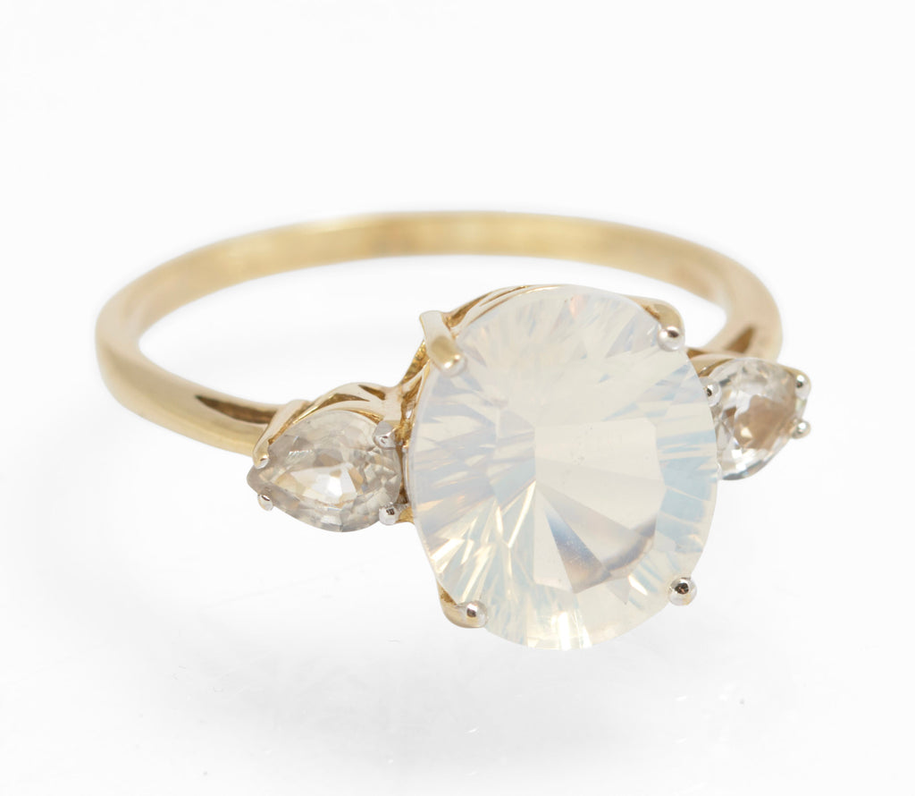 9ct Gold & Natural Blue Moon Quartz & Ice Zircon Women's Dress Ring Size V (C2907)