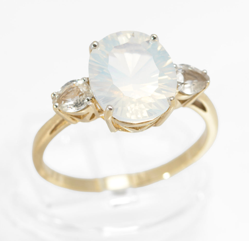 9ct Gold & Natural Blue Moon Quartz & Ice Zircon Women's Dress Ring Size V (C2907)