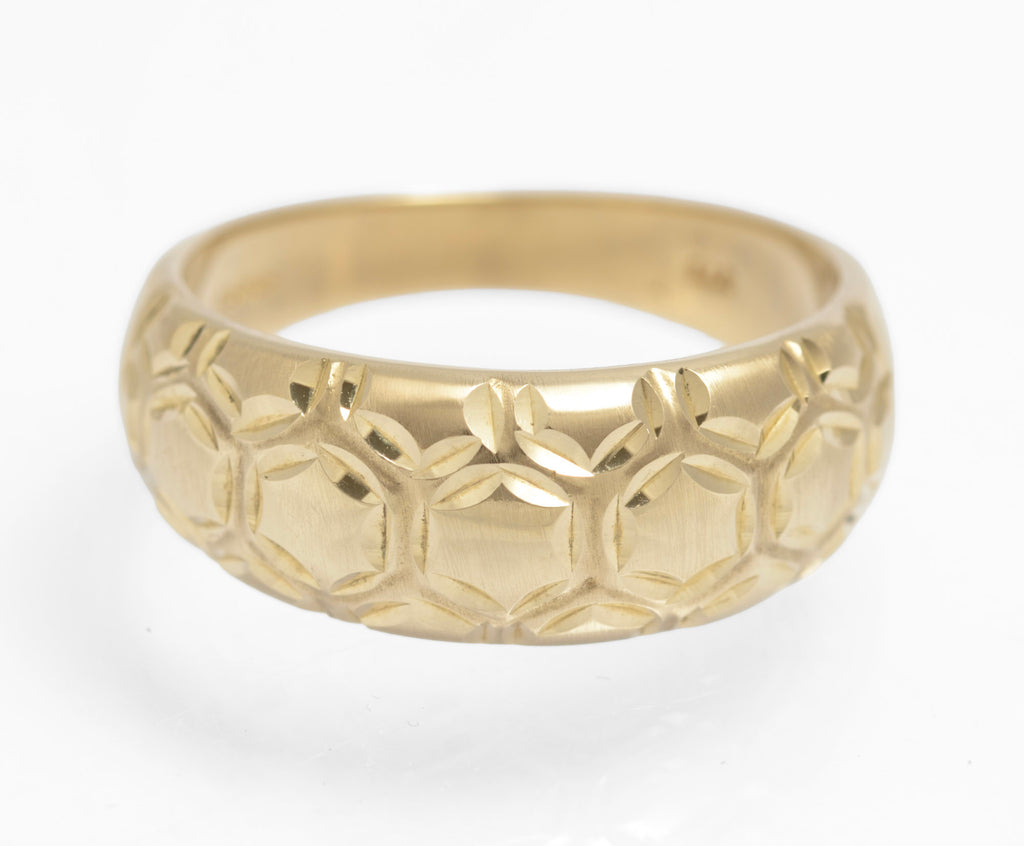 Vintage 9ct Solid Yellow Gold Honeycomb Design Bombe Ring Unisex UK Size U (C2909)