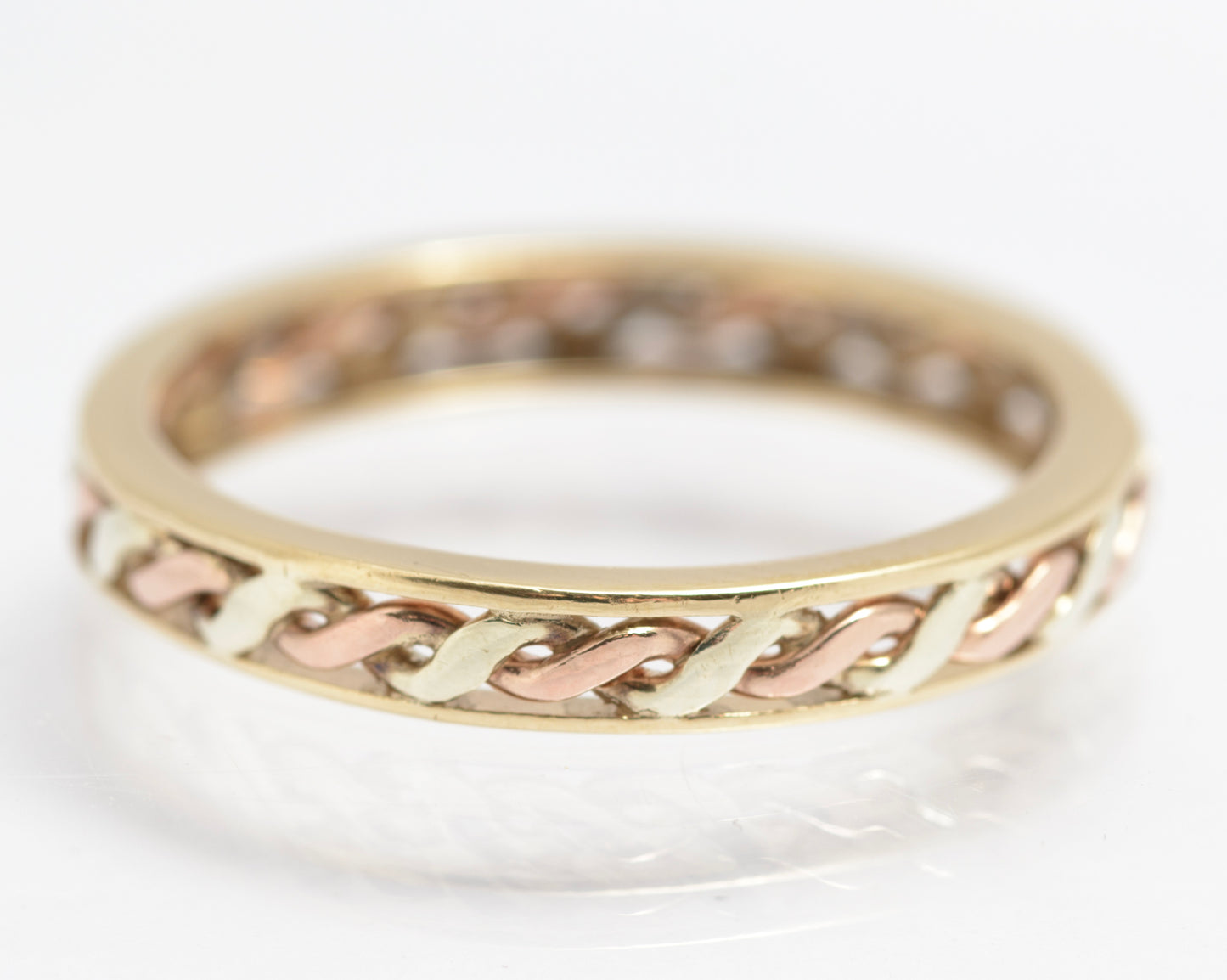 Vintage 9ct Gold Bi Colour Rose/Yellow Rope Twist Band Ring Unisex Size S (C2911)