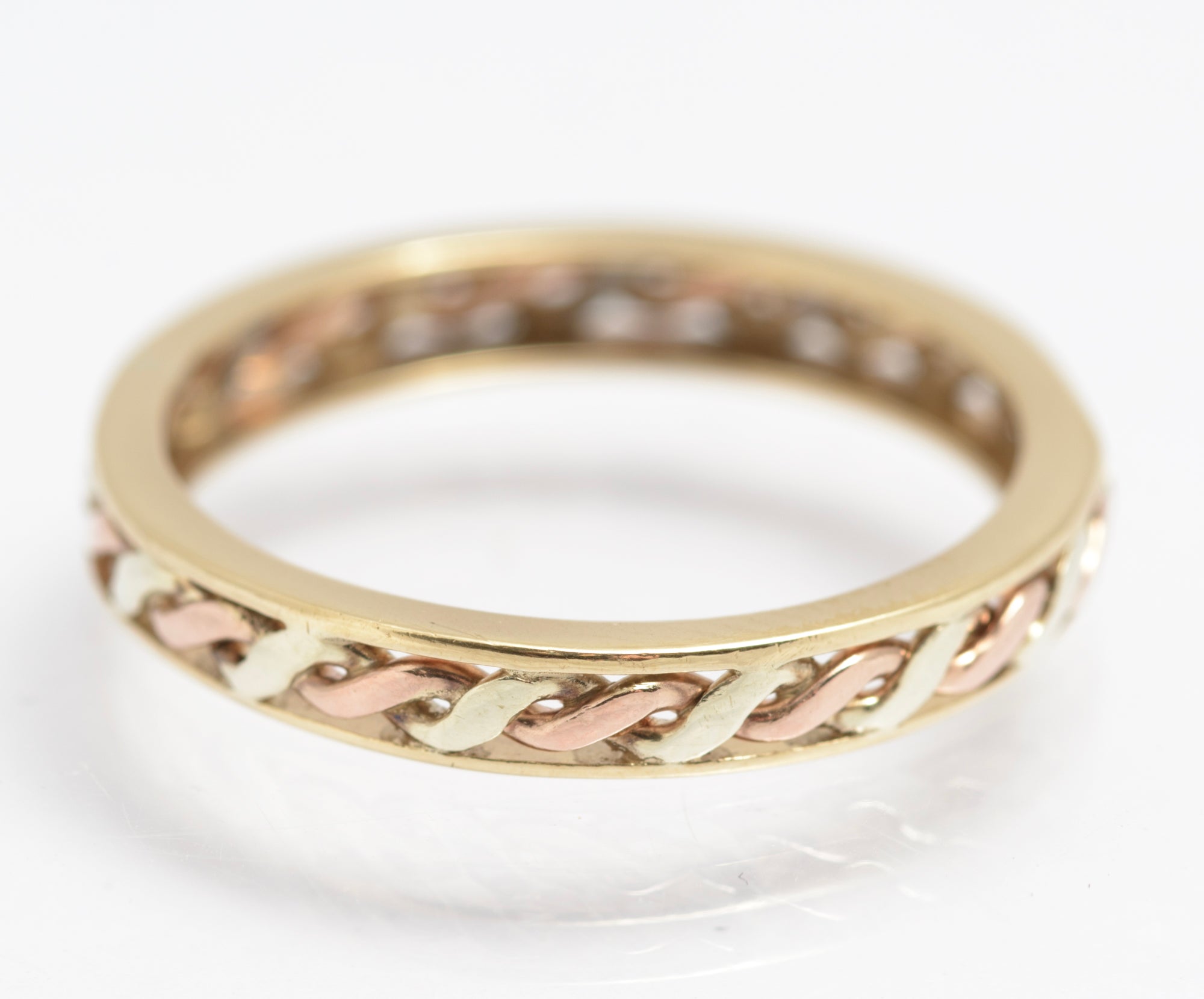 Vintage 9ct Gold Bi Colour Rose/Yellow Rope Twist Band Ring Unisex Size S (C2911)