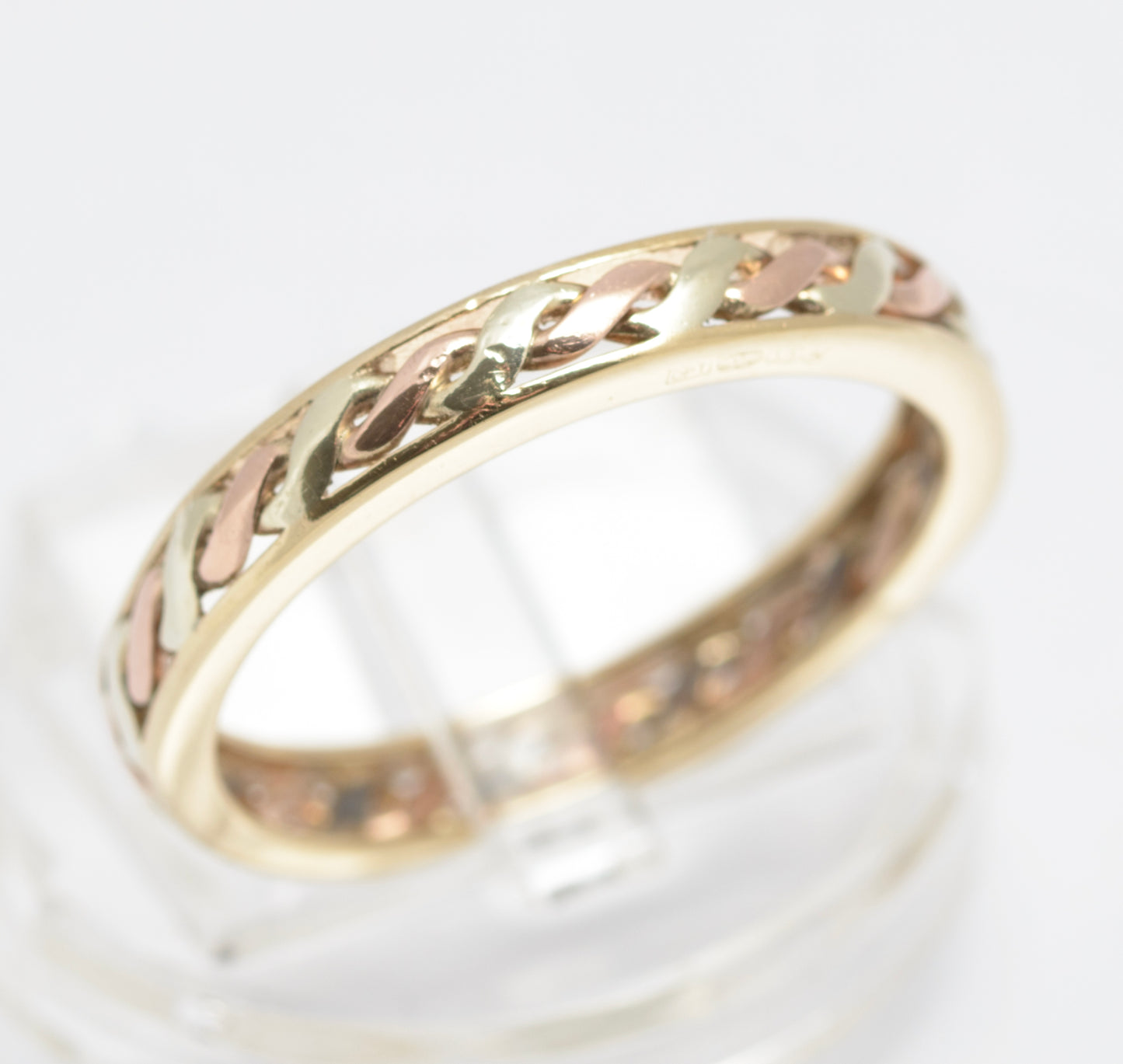 Vintage 9ct Gold Bi Colour Rose/Yellow Rope Twist Band Ring Unisex Size S (C2911)