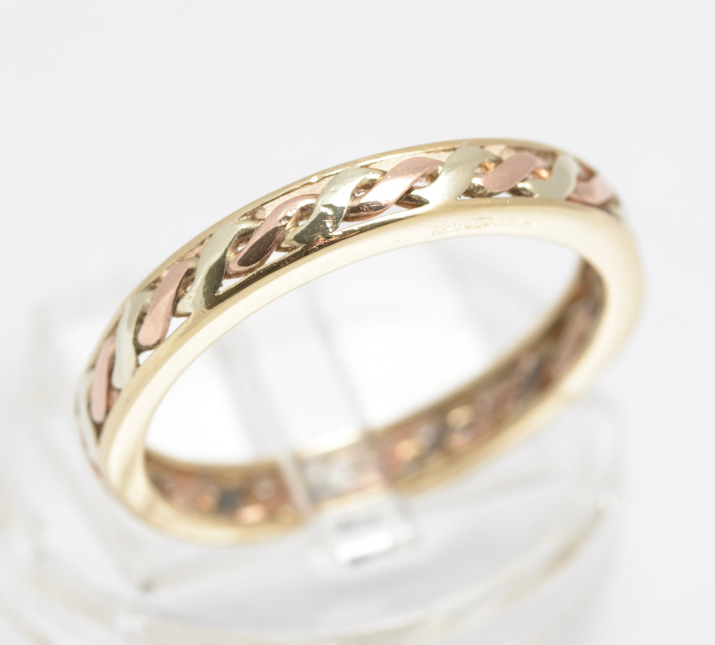 Vintage 9ct Gold Bi-Colour Rope Twist Band Ring - Unisex - UK Size S - C2911