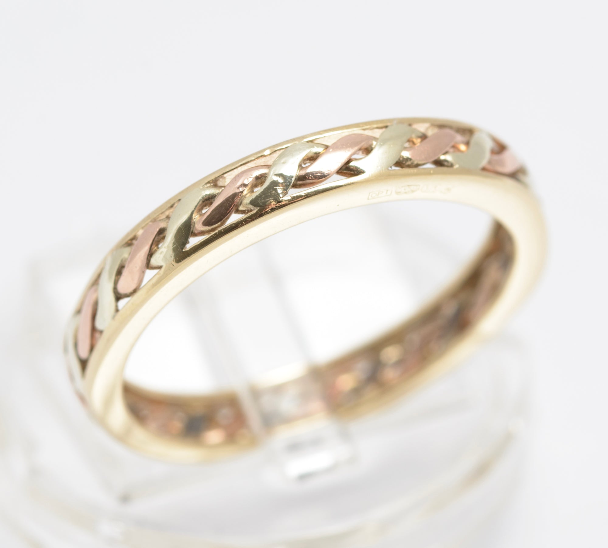 Vintage 9ct Gold Bi Colour Rose/Yellow Rope Twist Band Ring Unisex Size S (C2911)