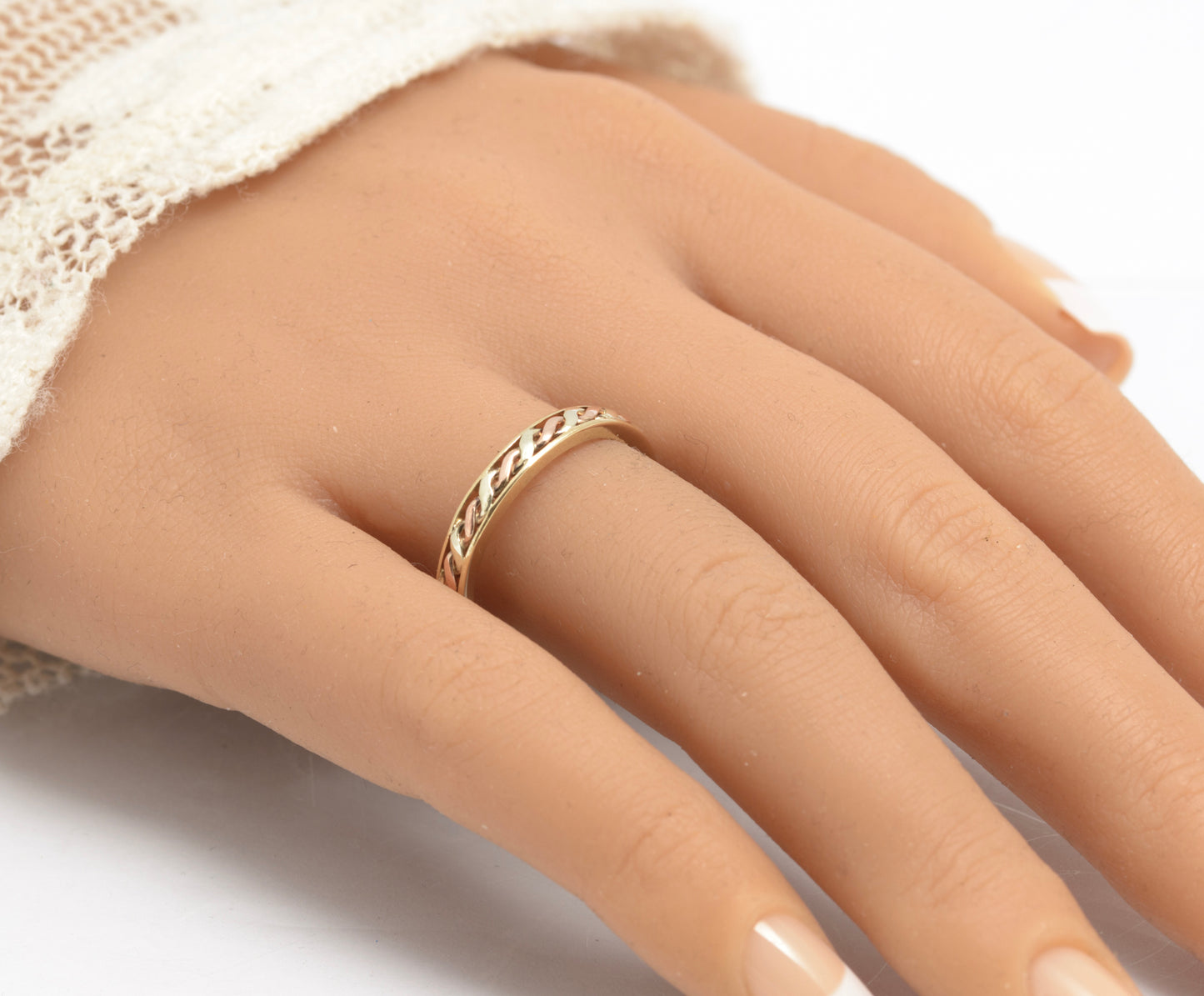 Vintage 9ct Gold Bi Colour Rose/Yellow Rope Twist Band Ring Unisex Size S (C2911)