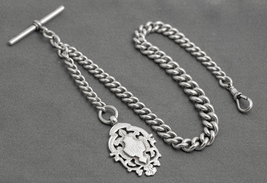 Antique Victorian Sterling Silver Albert Watch Chain T Bar & Fob Hallmarked 1898 (C2917)