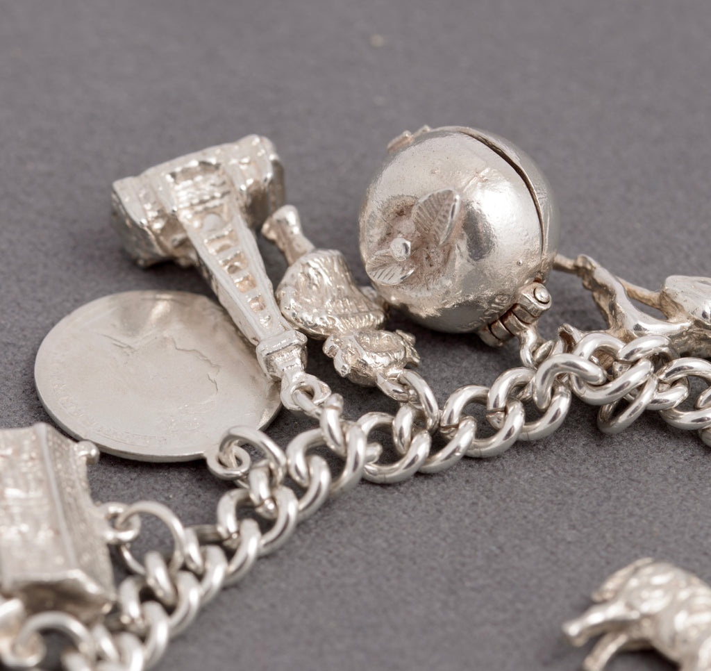 Vintage Traditional Sterling Silver Charm Bracelet 19 Charms Heart Padlock Clasp (C2921)