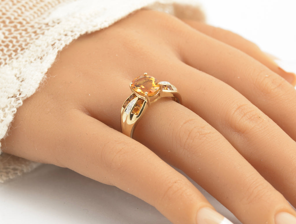9ct Gold & Natural Citrine Dress Ring With Diamond Accents UK Size U (C2923)