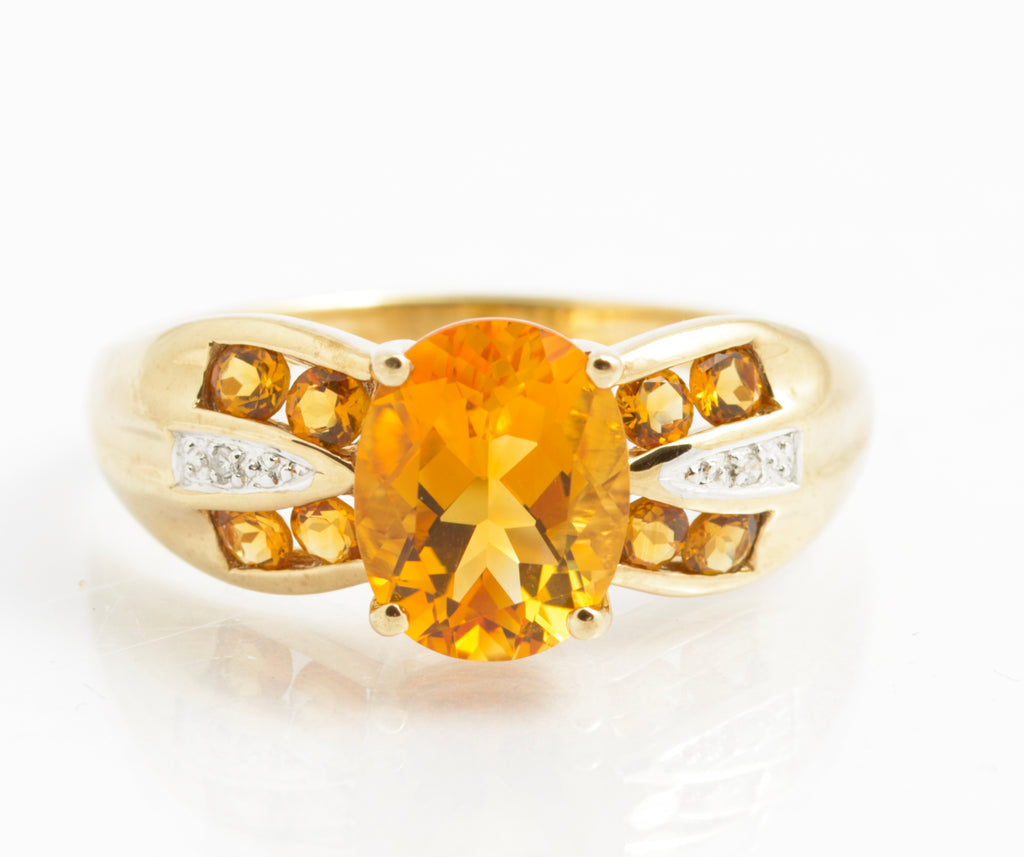 9ct Gold & Natural Citrine Dress Ring With Diamond Accents UK Size U (C2923)
