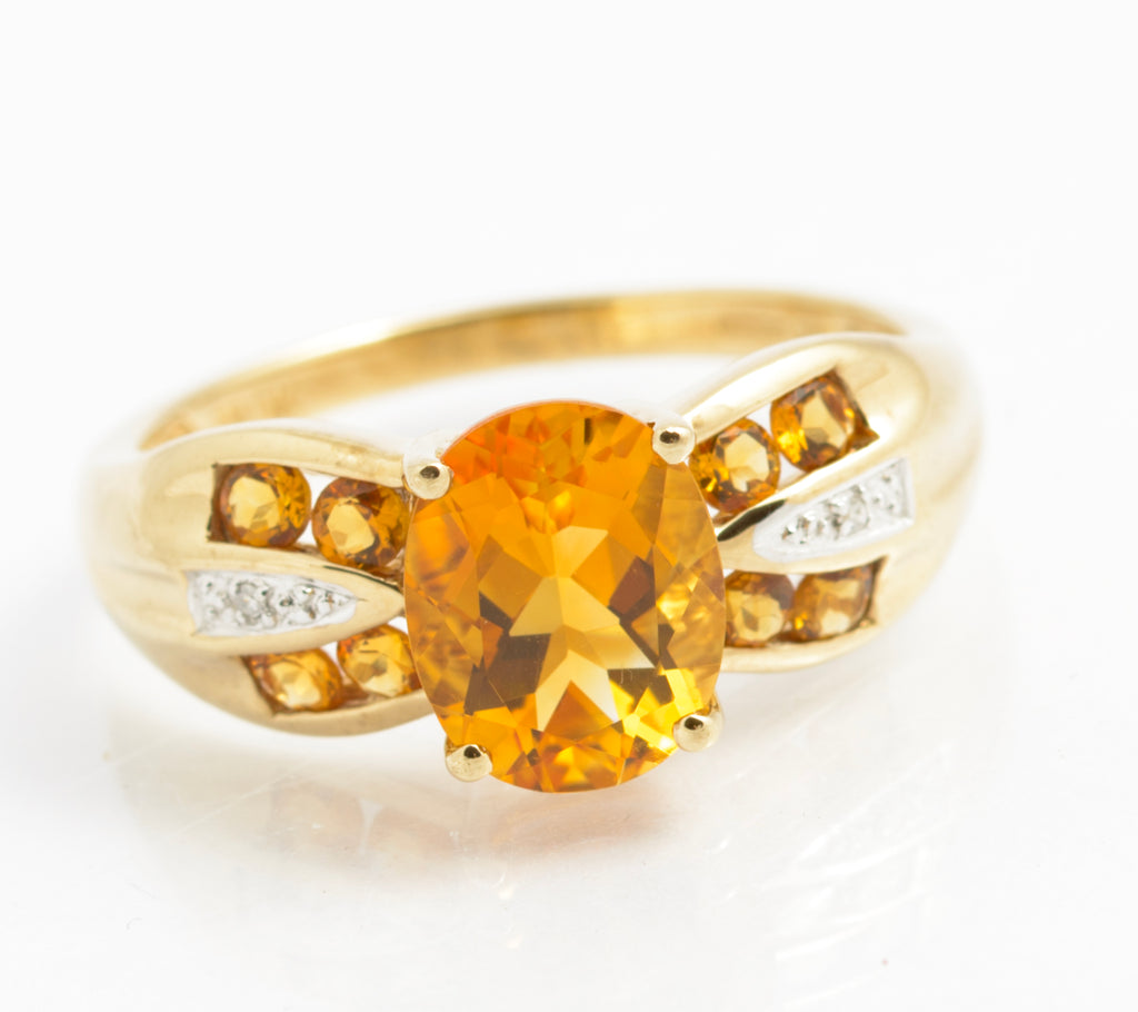 9ct Gold & Natural Citrine Dress Ring With Diamond Accents UK Size U (C2923)