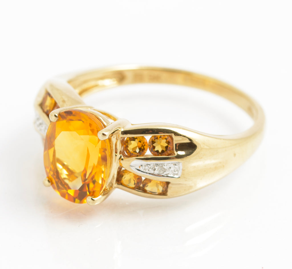 9ct Gold & Natural Citrine Dress Ring With Diamond Accents UK Size U (C2923)