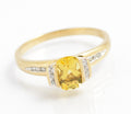 9ct Gold Ring With Natural Lemon Yellow Citrine Gemstone & Diamond Sides Size V (C2924)