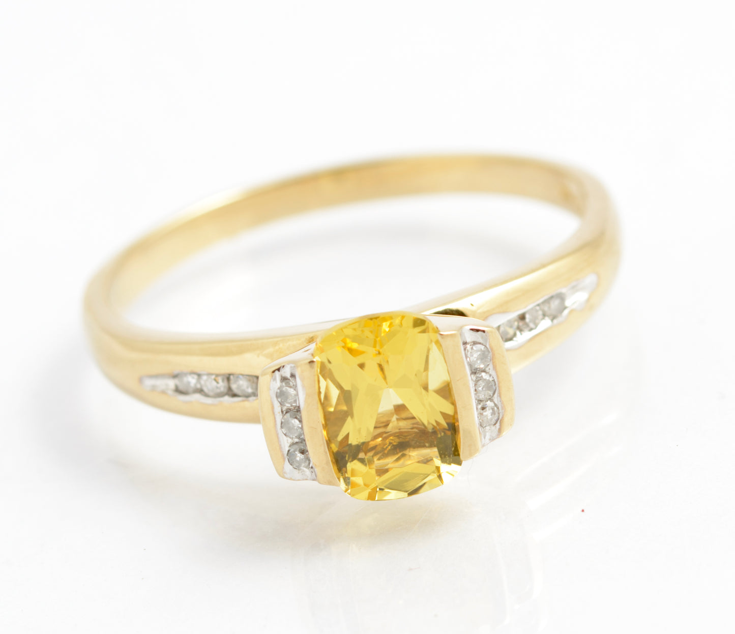 9ct Gold Ring With Natural Lemon Yellow Citrine Gemstone & Diamond Sides Size V (C2924)