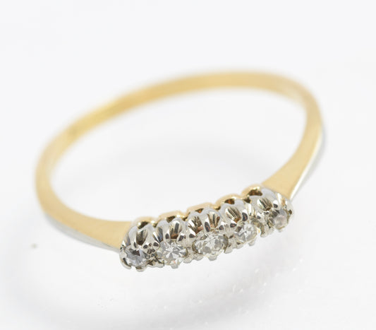 Antique 18ct Gold & Platinum 5 Natural Diamond Line Ring UK Size N (C2925)