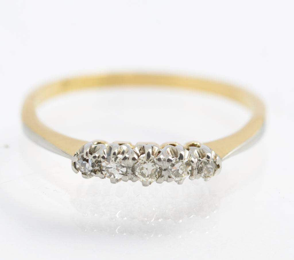 Antique 18ct Gold & Platinum 5 Natural Diamond Line Ring UK Size N (C2925)