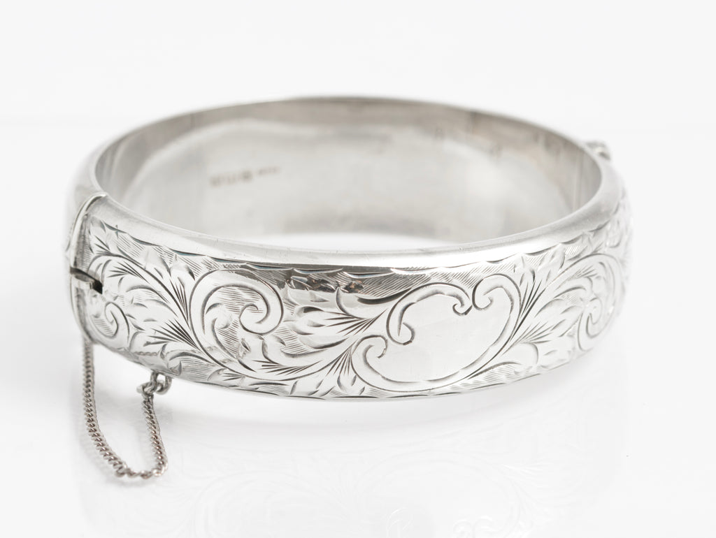 Vintage Sterling Silver Hinged Bangle - Harrods Hallmark 1961 Foliate Design (C2931)