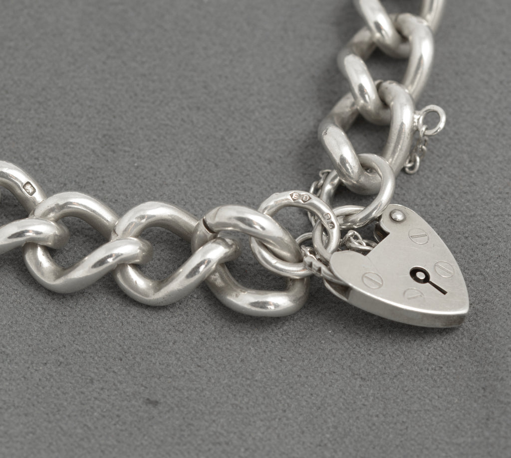 Vintage Sterling Silver Heavy Curb (Charm) Chain Bracelet - Padlock Clasp 1975 (C2935)