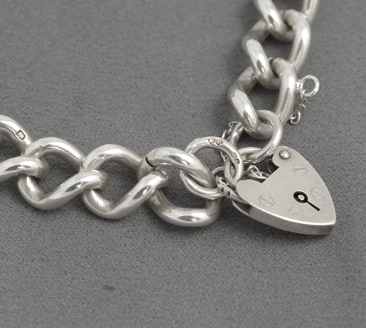 Vintage Sterling Silver Heavy Curb (Charm) Chain Bracelet - Padlock Clasp 1975 (C2935)