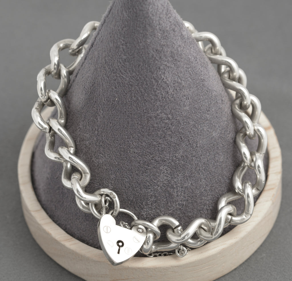 Vintage Sterling Silver Heavy Curb (Charm) Chain Bracelet - Padlock Clasp 1975 (C2935)
