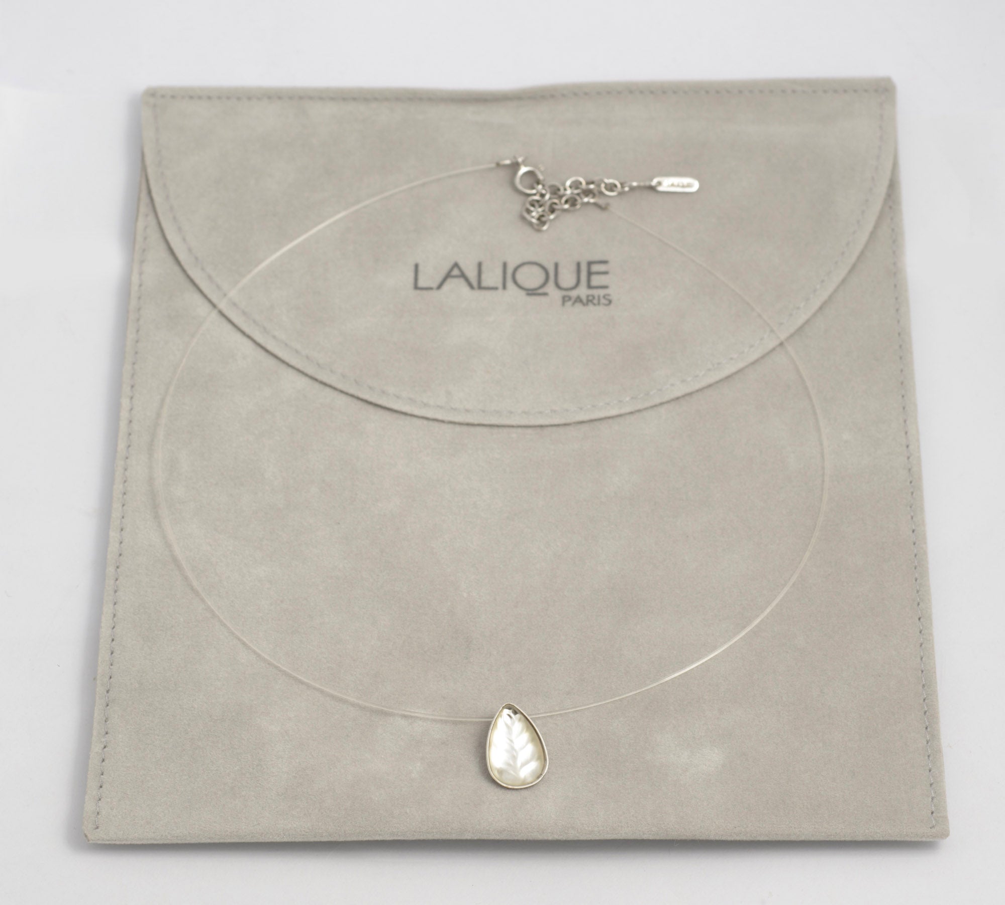 Vintage Lalique Glass Heliconia Pendant Necklace 80's/90's with Original Pouch (C2935)