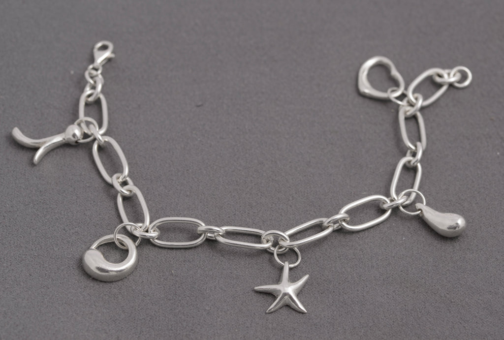 Contemporary Sterling Silver Trombone Link Charm Bracelet – 925 Marked – 18 cm (C2936)