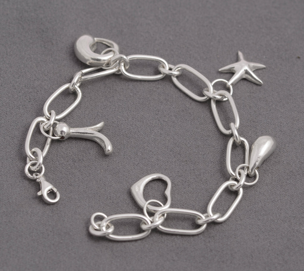 Contemporary Sterling Silver Trombone Link Charm Bracelet – 925 Marked – 18 cm (C2936)