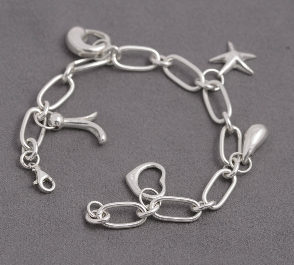 Contemporary Sterling Silver Trombone Link Charm Bracelet – 925 Marked – 18 cm (C2936)