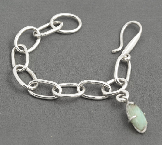 Sterling Silver Chunky Oval Link Bracelet AG925 Handmade w/ Green Opal Charm (C2940)