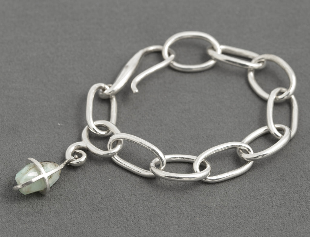 Sterling Silver Chunky Oval Link Bracelet AG925 Handmade w/ Green Opal Charm (C2940)