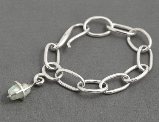 Sterling Silver Chunky Oval Link Bracelet AG925 Handmade w/ Green Opal Charm (C2940)