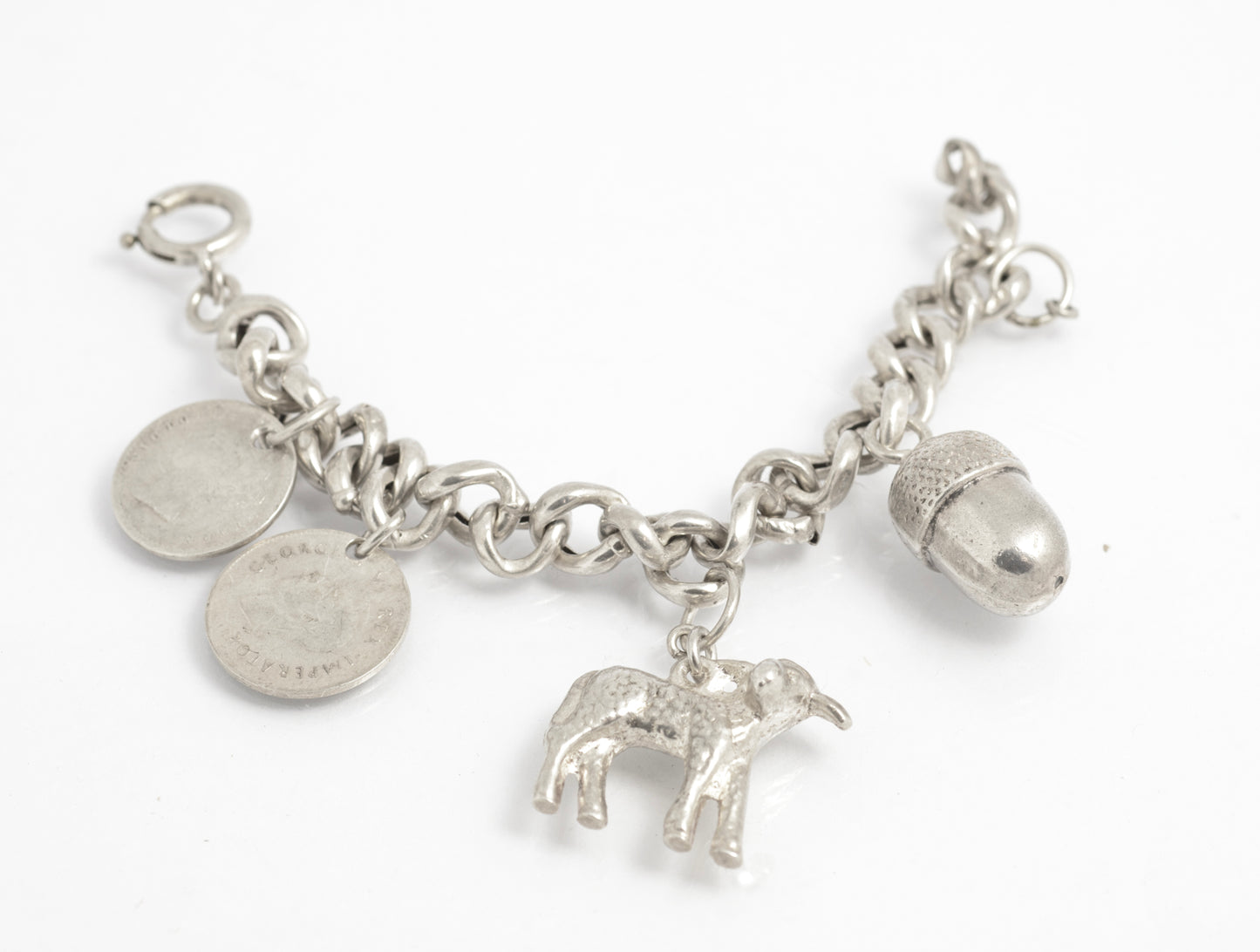 Antique Child’s Silver Charm Bracelet – East India Company 1841 Coin – 4 Charms (C2943)