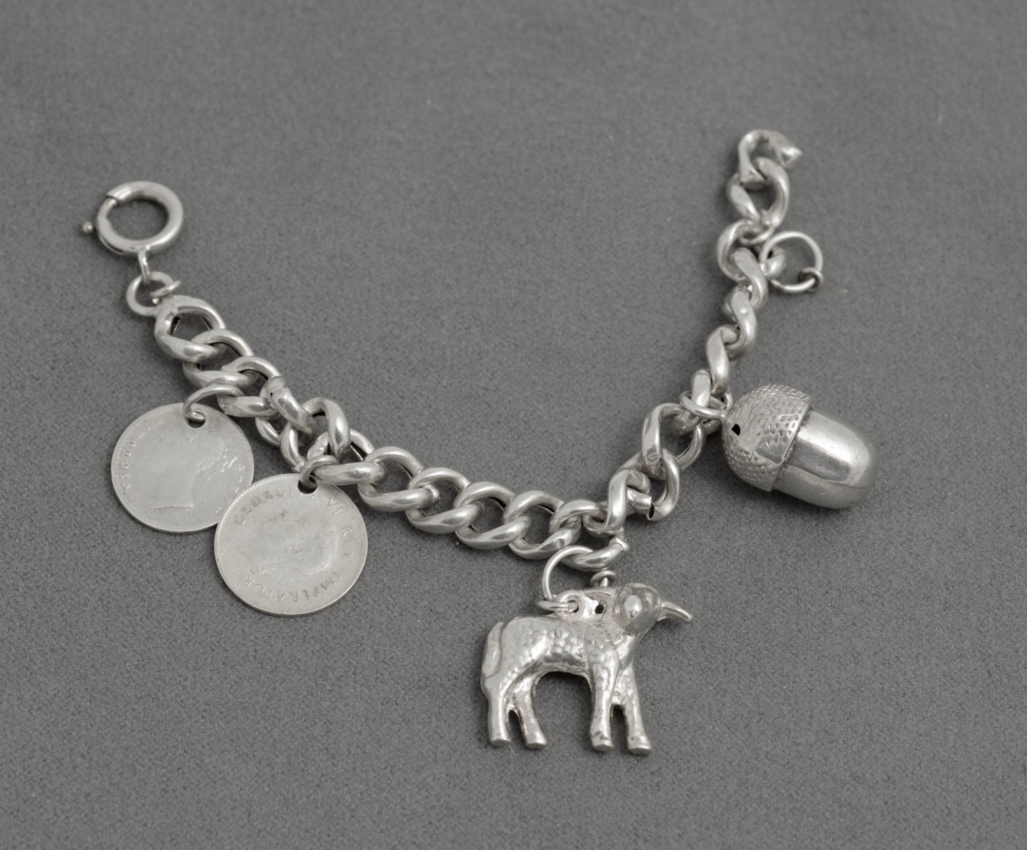 Antique Child’s Silver Charm Bracelet – East India Company 1841 Coin – 4 Charms (C2943)