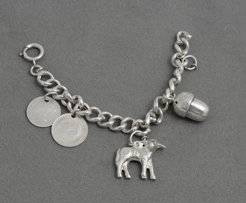Antique Child’s Silver Charm Bracelet – East India Company 1841 Coin – 4 Charms (C2943)