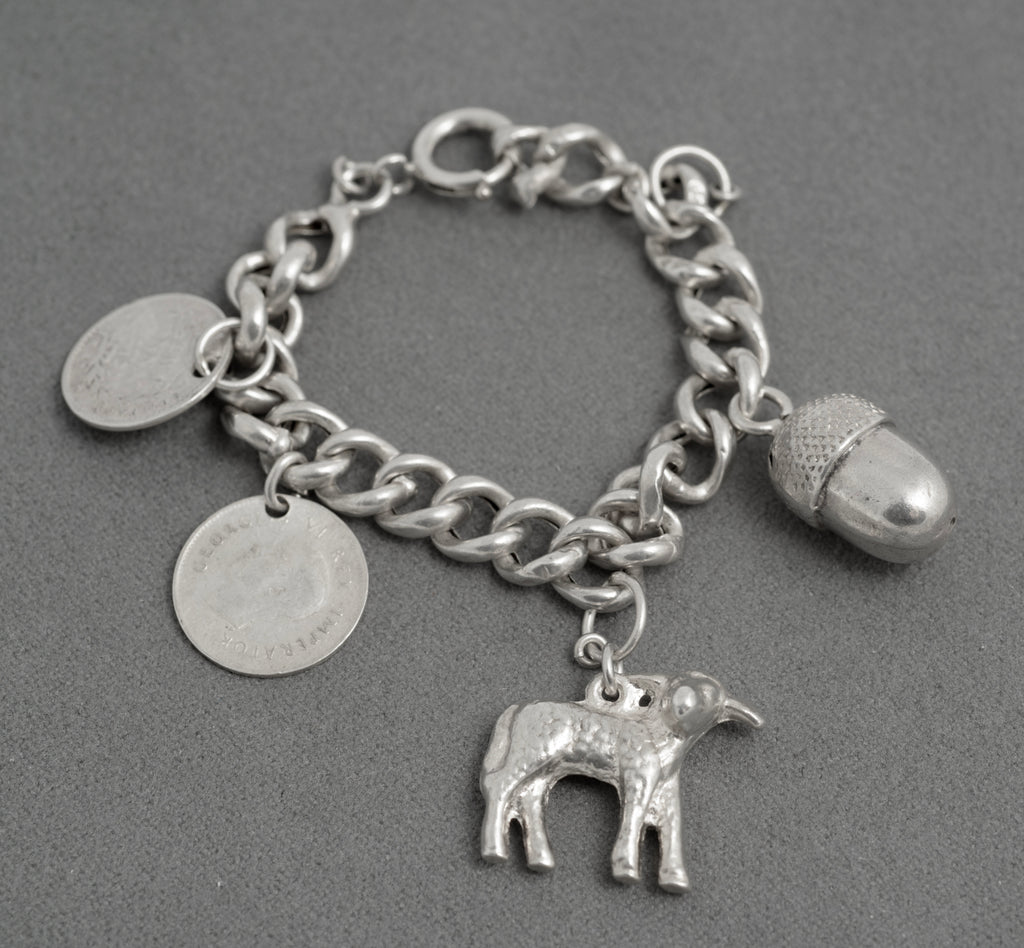 Antique Child’s Silver Charm Bracelet – East India Company 1841 Coin – 4 Charms (C2943)