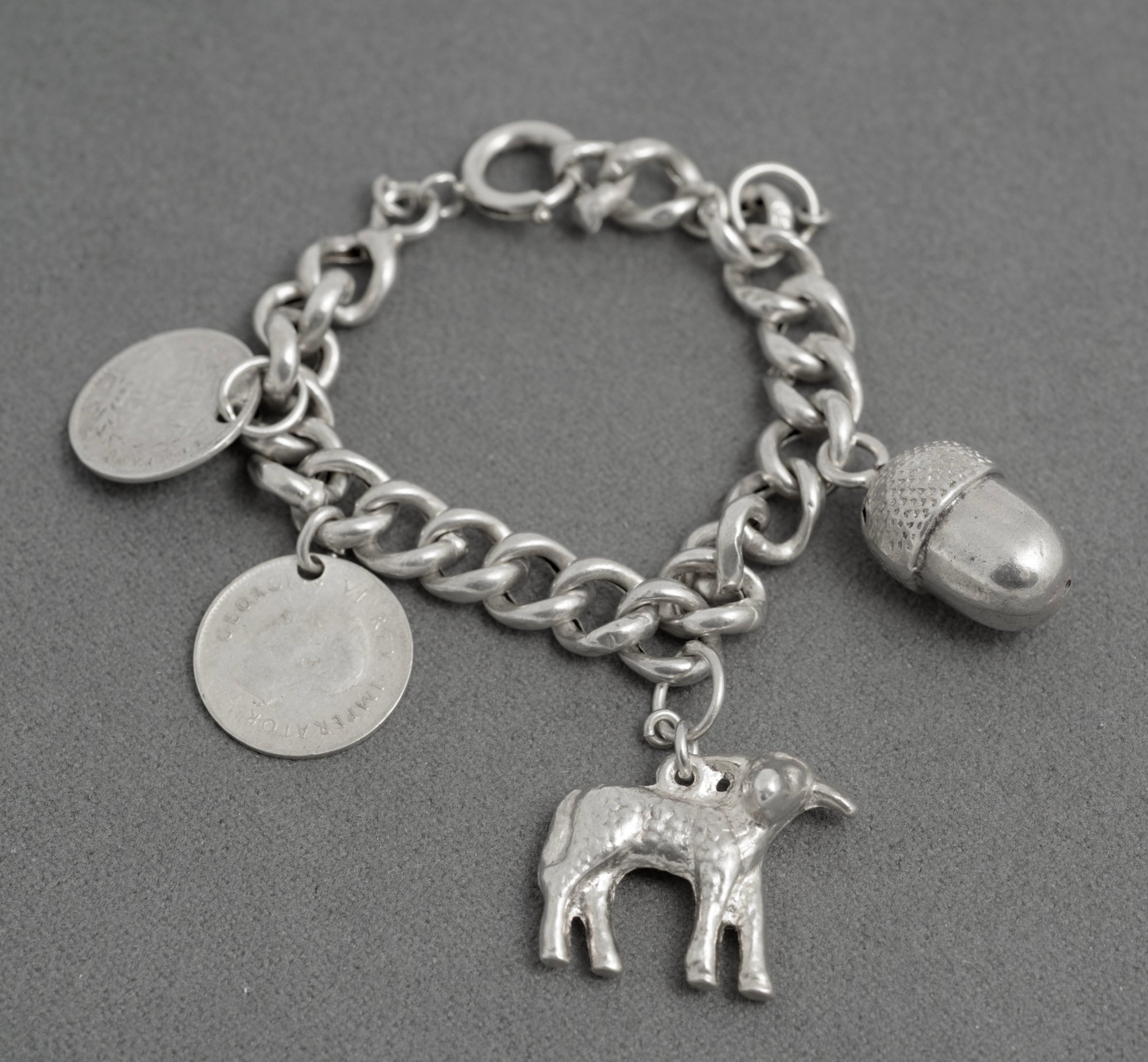 Antique Child’s Silver Charm Bracelet – East India Company 1841 Coin – 4 Charms (C2943)