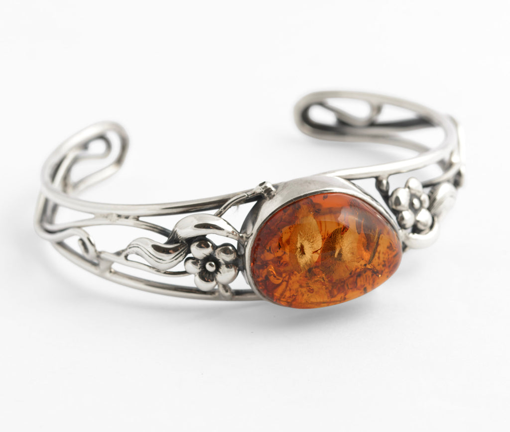 Vintage Sterling Silver & Baltic Amber Open Cuff Bangle Handmade Artisan 925 (C2949