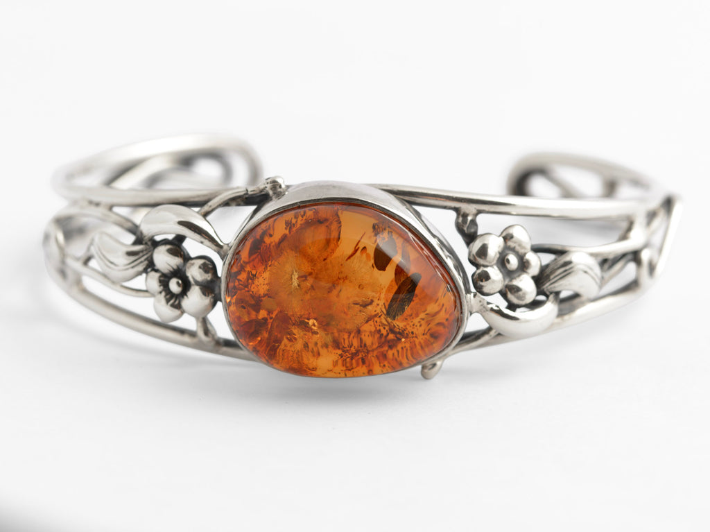 Vintage Sterling Silver & Baltic Amber Open Cuff Bangle Handmade Artisan 925 (C2949