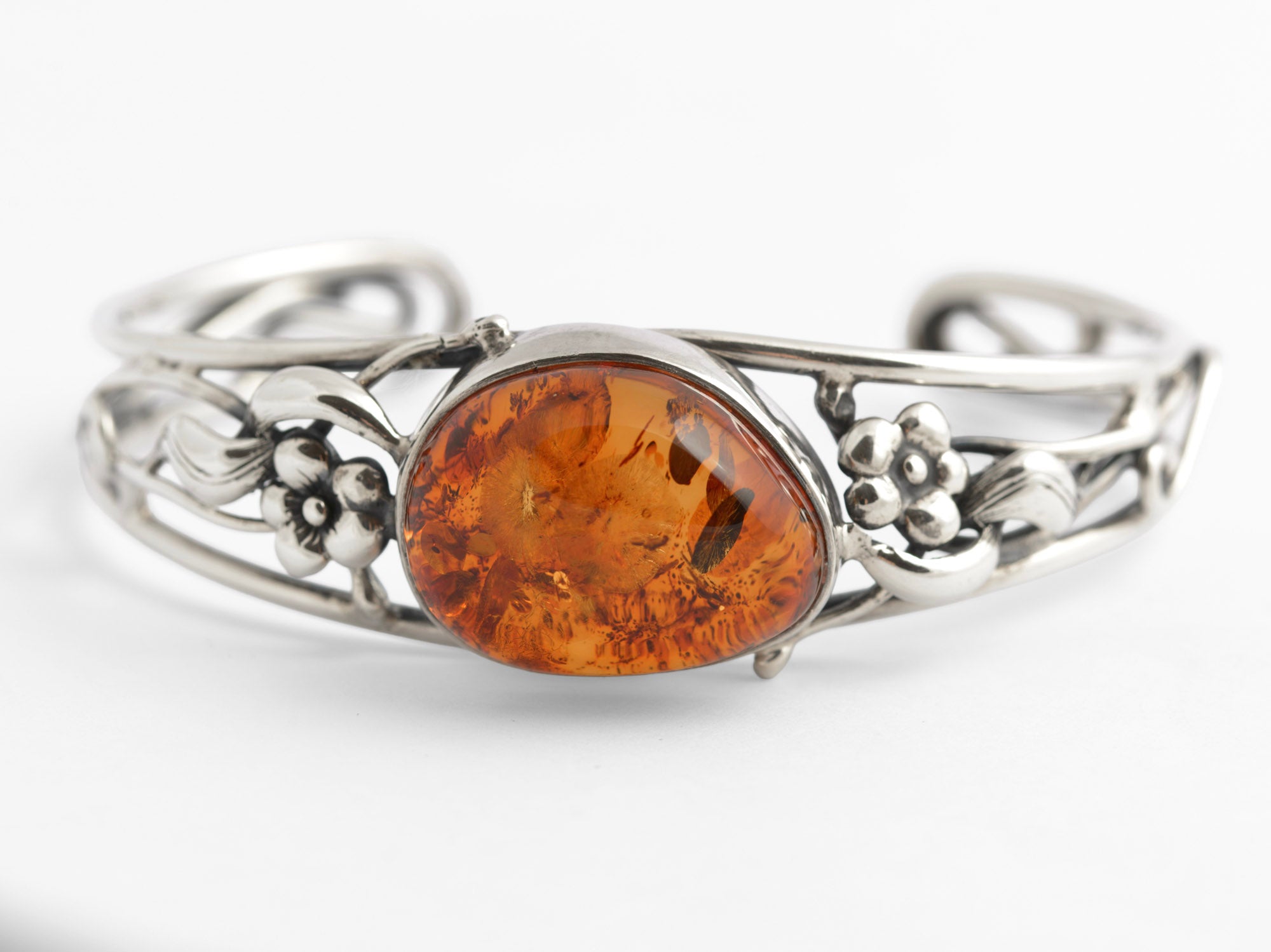 Vintage Sterling Silver & Baltic Amber Open Cuff Bangle Handmade Artisan 925 (C2949