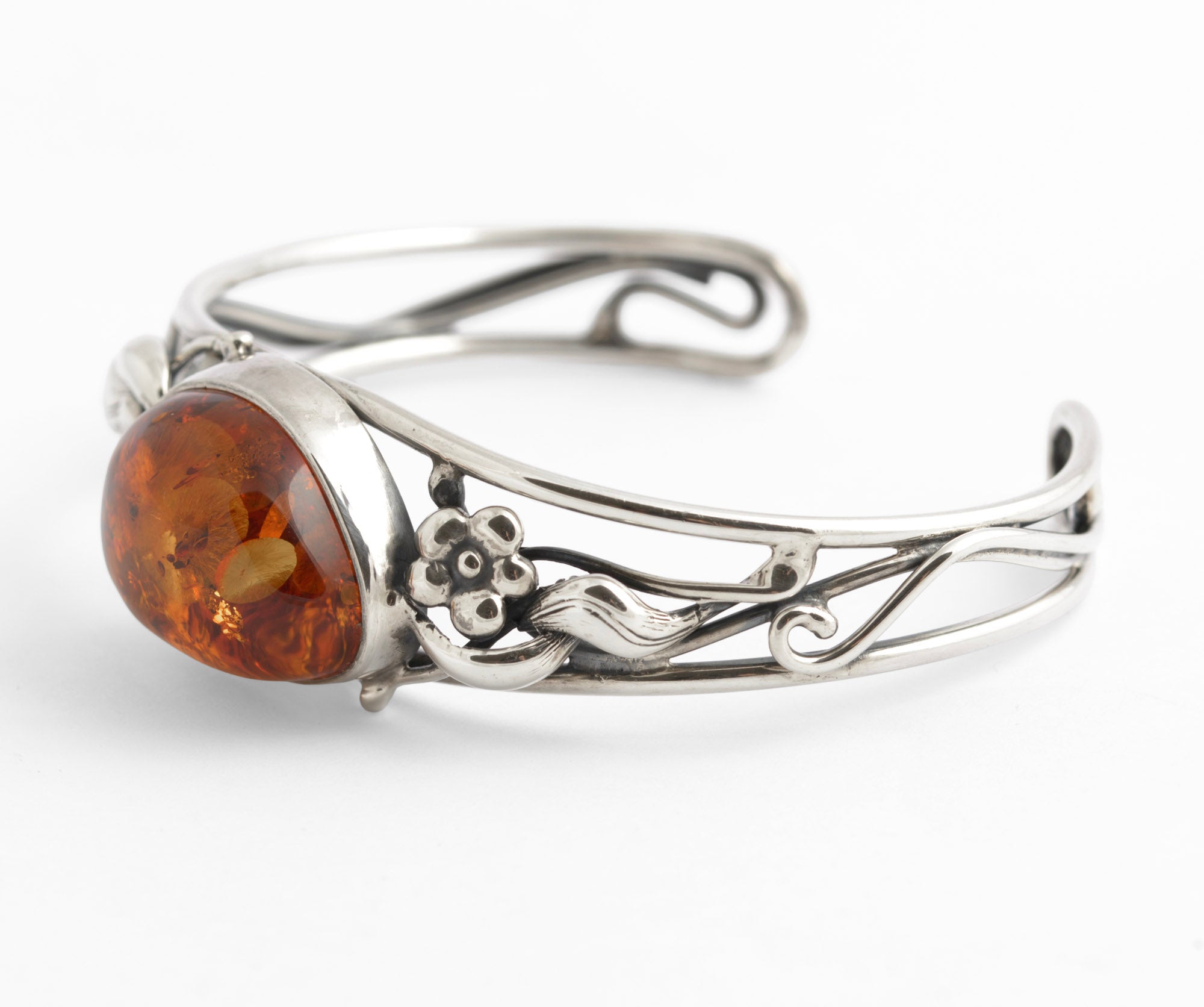 Vintage Sterling Silver & Baltic Amber Open Cuff Bangle Handmade Artisan 925 (C2949