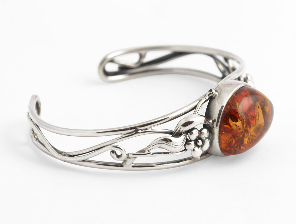 Vintage Sterling Silver & Baltic Amber Open Cuff Bangle Handmade Artisan 925 (C2949