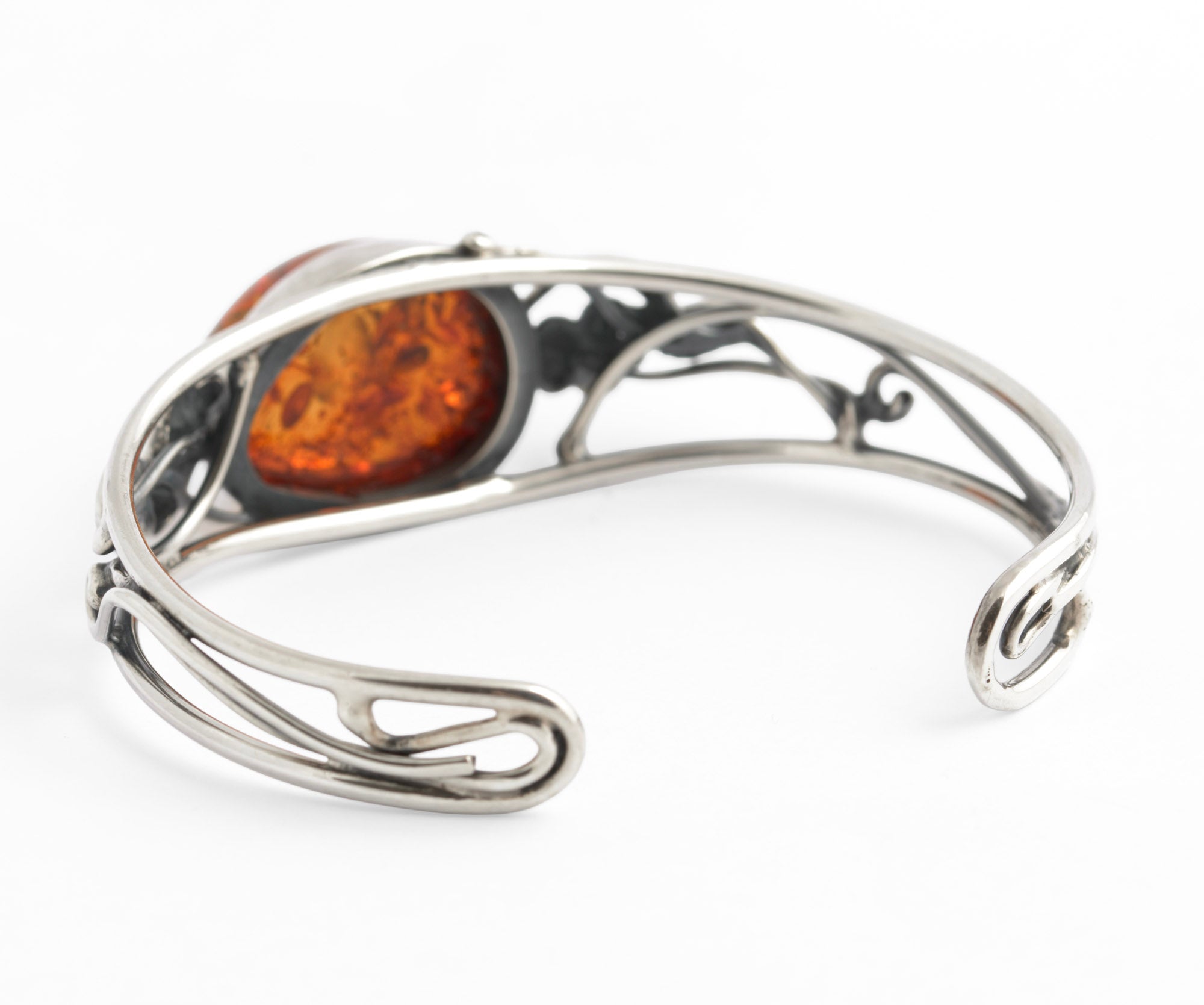 Vintage Sterling Silver & Baltic Amber Open Cuff Bangle Handmade Artisan 925 (C2949