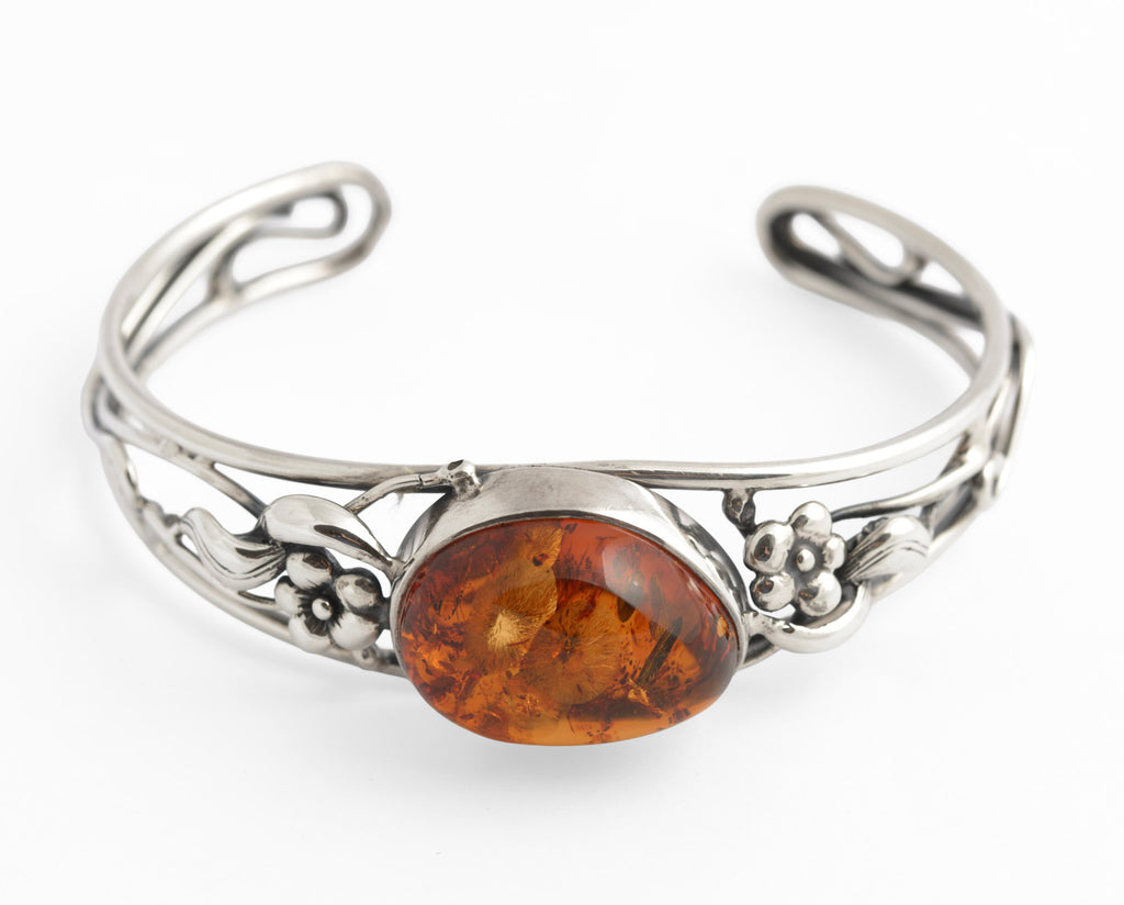 Vintage Sterling Silver & Baltic Amber Open Cuff Bangle Handmade Artisan 925 (C2949