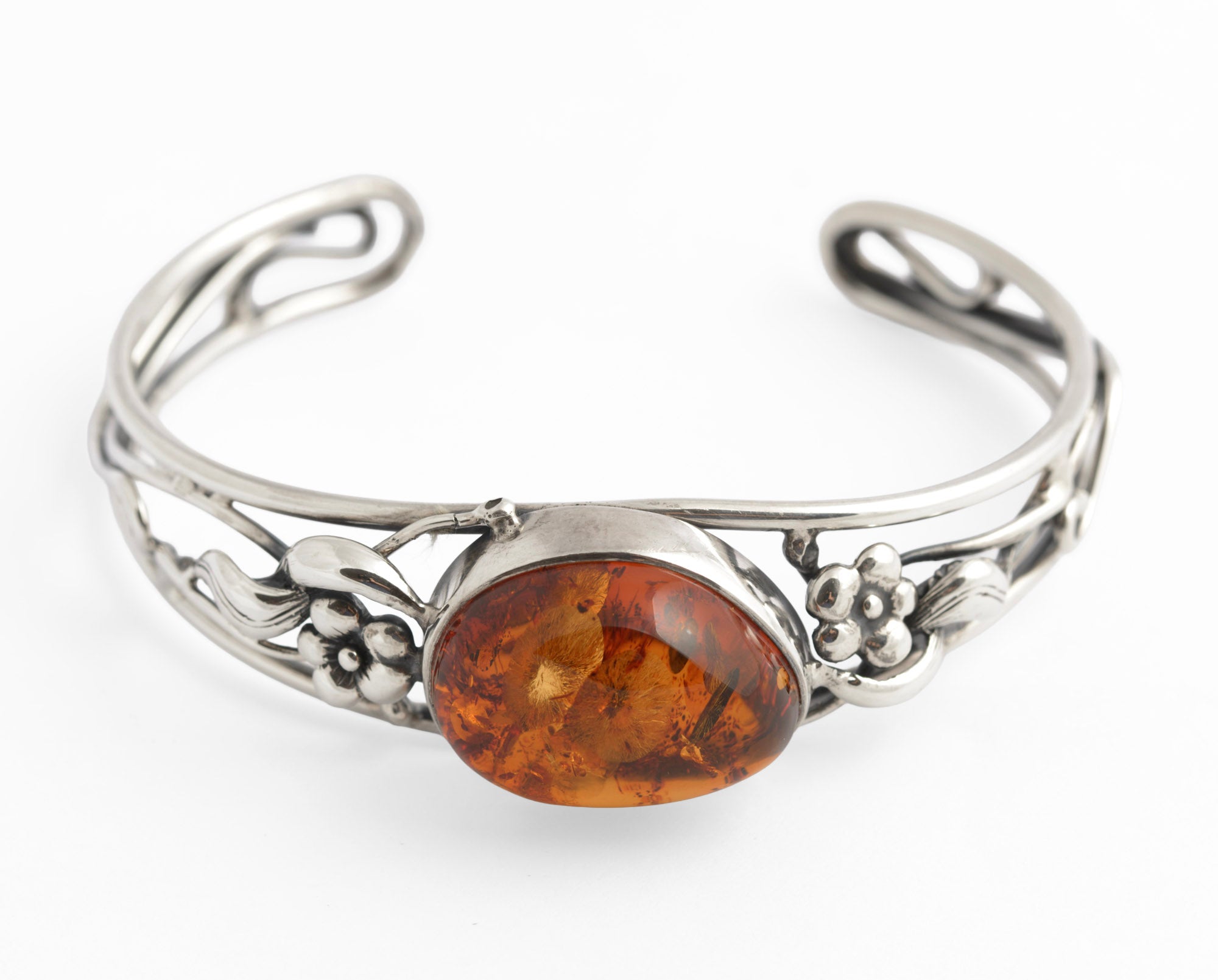 Vintage Sterling Silver & Baltic Amber Open Cuff Bangle Handmade Artisan 925 (C2949