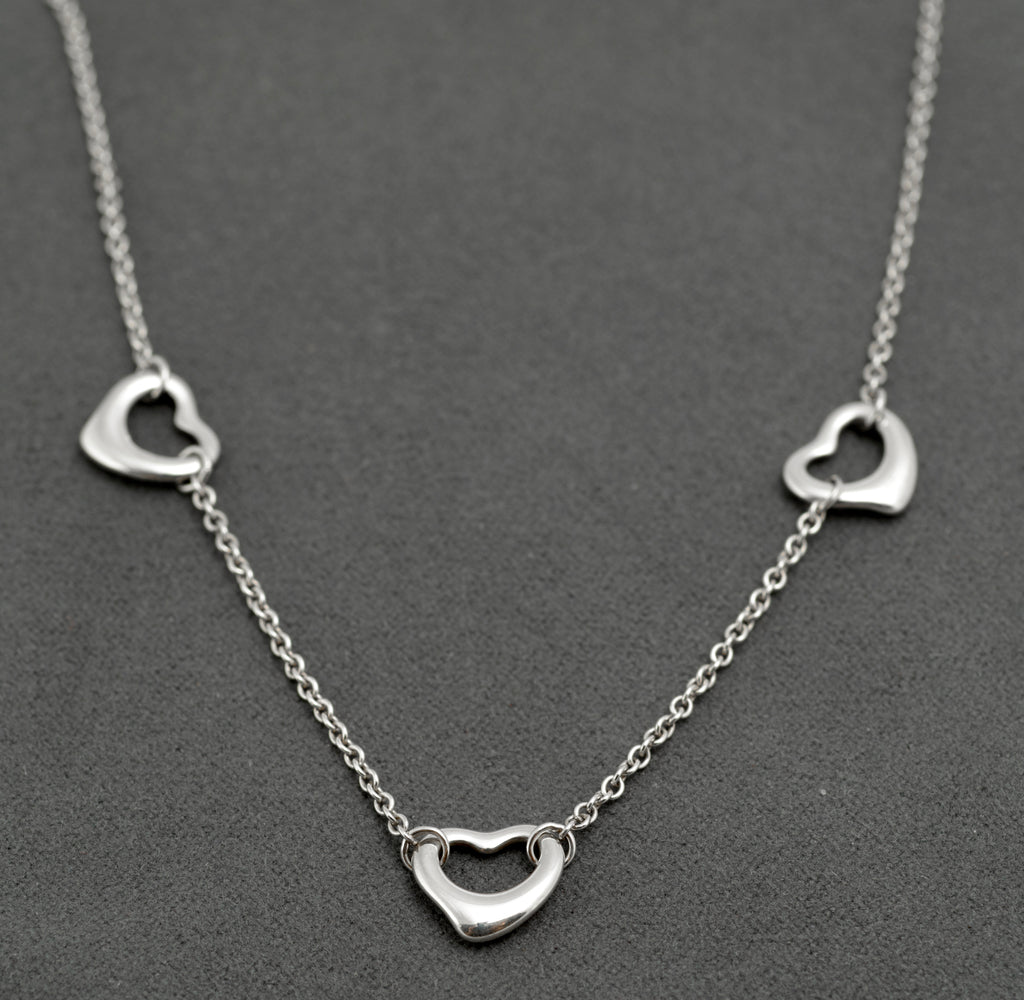 Tiffany & Co Elsa Peretti Three Open Heart Sterling Silver Choker Necklace, Retired Design, Boxed (C2955)