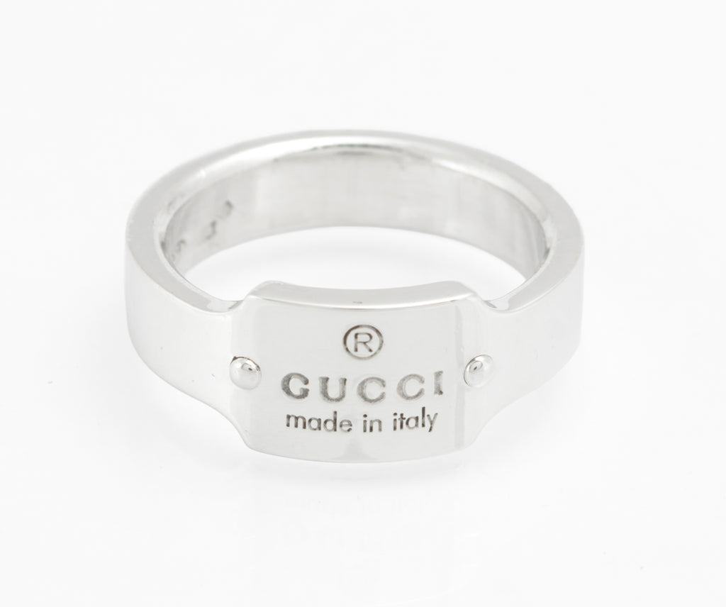 Gucci Sterling Silver Wide Band Ring with Logo Tag Top, Uk Size 01/2, Vintage, Made in Italy (C2957)