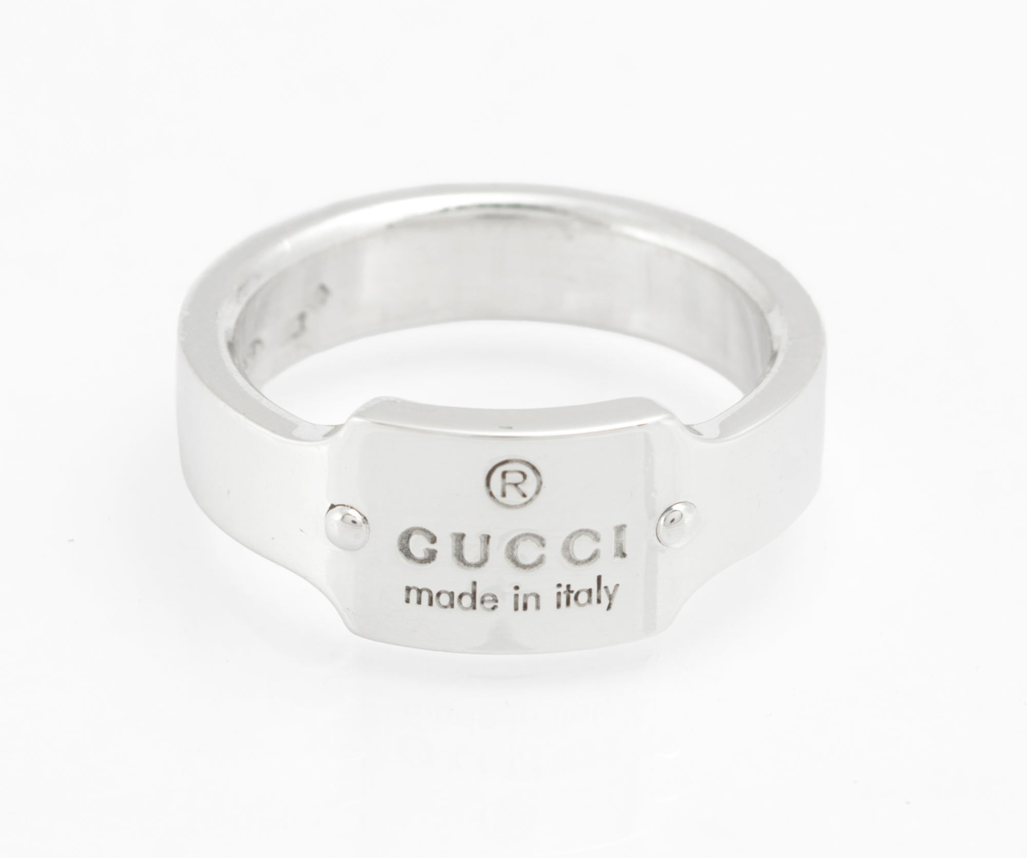 Gucci Sterling Silver Wide Band Ring with Logo Tag Top, Uk Size 01/2, Vintage, Made in Italy (C2957)