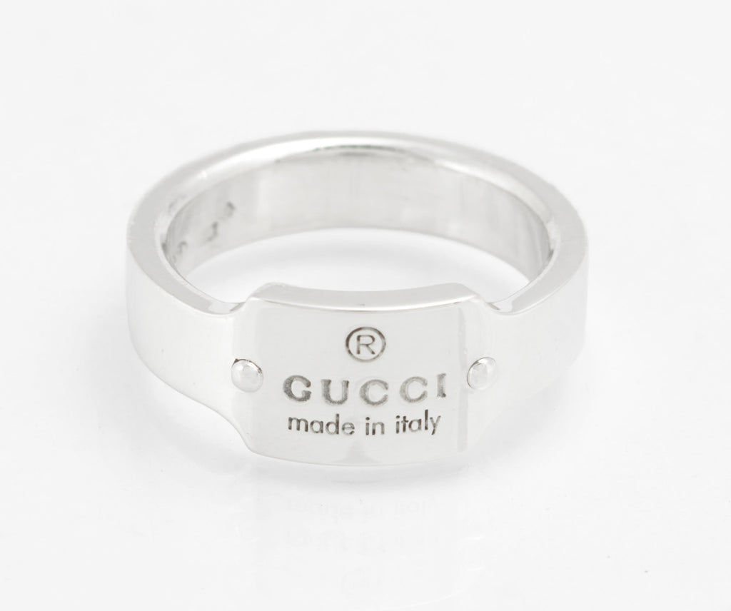 Gucci Sterling Silver Wide Band Ring with Logo Tag Top, Uk Size 01/2, Vintage, Made in Italy (C2957)